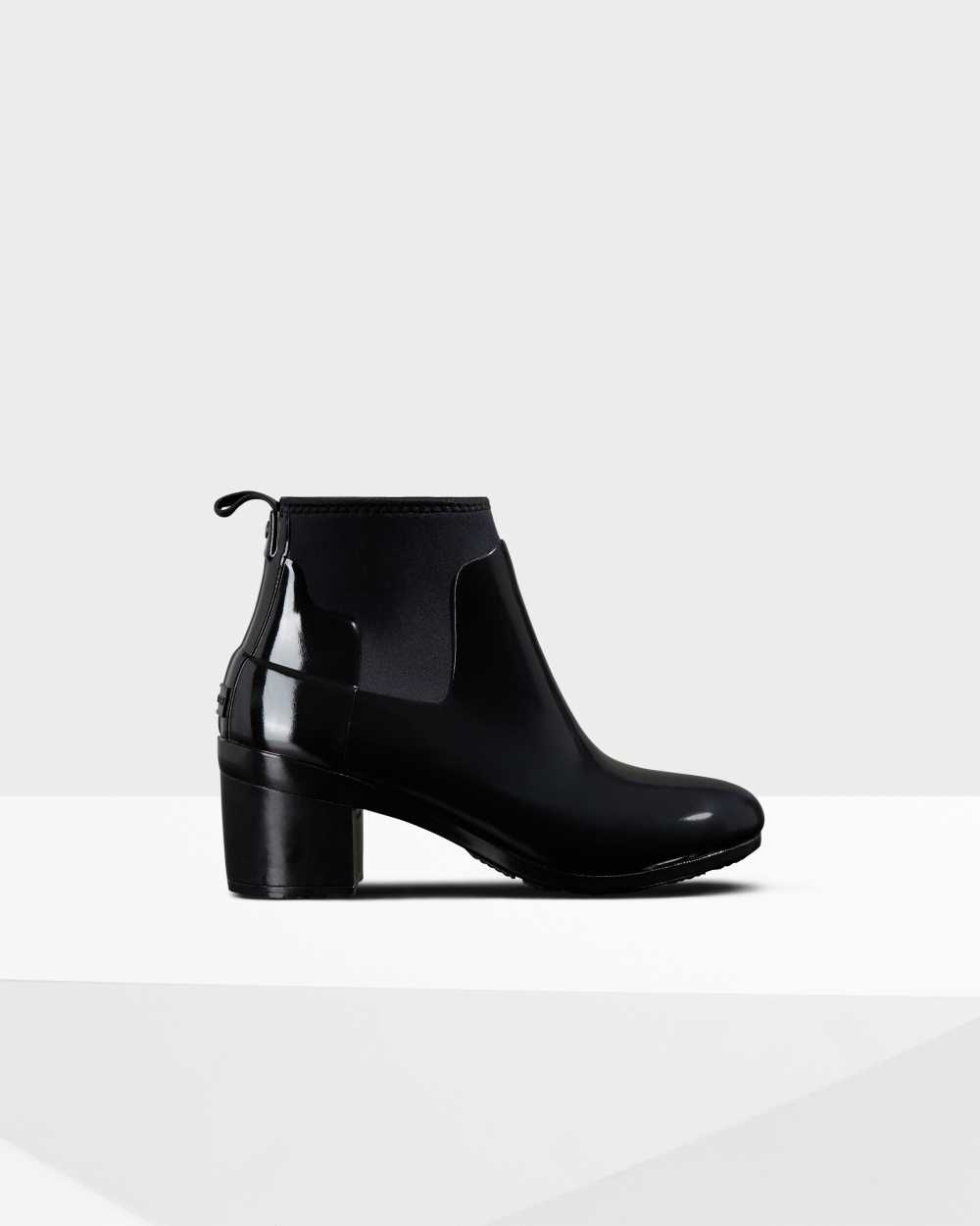 Hunter Refined Slim Fit Gloss Mid Heel Women's Boots NZ-91023X Black